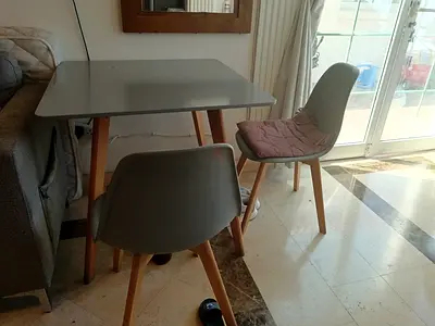 Small modern dining table with two chairs - light grey wooden legs
