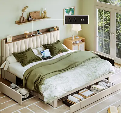 King storage bed with padded headboard and built-in drawers - like new