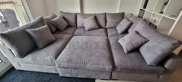 Large U-shaped Cinema Style Grey Fabric Corner Sofa with Cushions + ottoman - smoke/pet free home