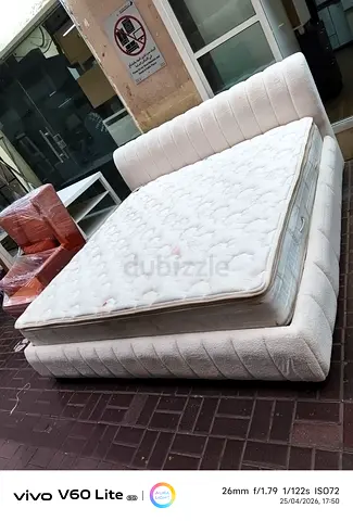 White Fabric Double Bed Frame with Mattress - Good Condition