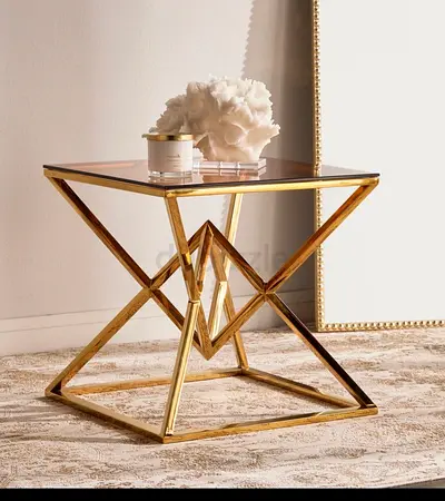 Gold Geometric Side Table with Glass Top - Modern Accent Table
