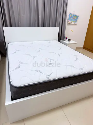 White Platform Bed Frame with Headboard and Mattress - Good Condition