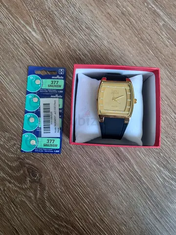 Gold-tone Square Face Mens Watch with Black Rubber Strap — New Batteries Included