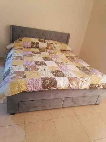 Grey Upholstered Double Bed with Storage - Good Condition