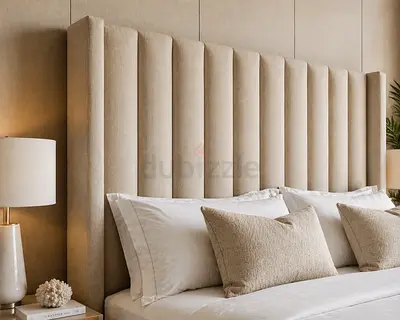 Beige Upholstered King Bed with Tall Channel-Tufted Headboard