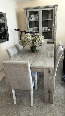 Solid Wood Dining Table with 6 Chairs and Display Cabinet - Light Grey Rustic Finish