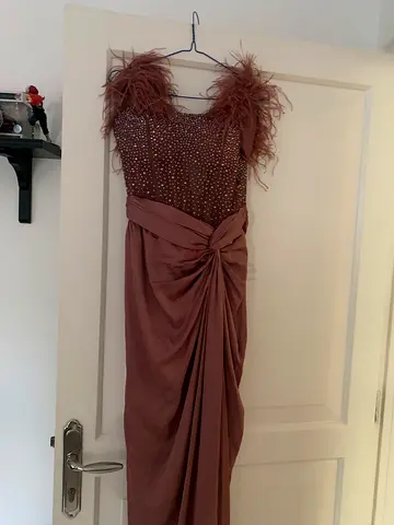 Mauve Feather-Trim Evening Gown with Beaded Bodice, Size Unknown