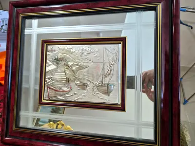 3 x Framed Silver Relief Seaside Wall Art with Mirror Border