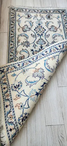 Light beige Persian-style area rug with blue floral motifs - gently used