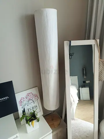 Tall White Floor Lamp with Wooden Base - Minimalist Design