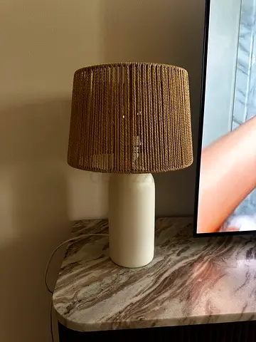Beige Table Lamp with Woven Shade - Good Condition