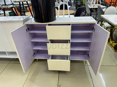 White and Lilac Sideboard Cabinet with Marble Top and Drawers