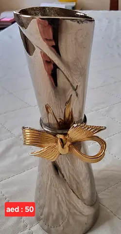 Silver-Plated Decorative Vase with Gold Bow Accent