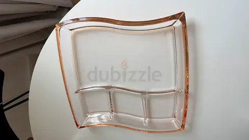 Glass divided serving platter / snack tray - light pink