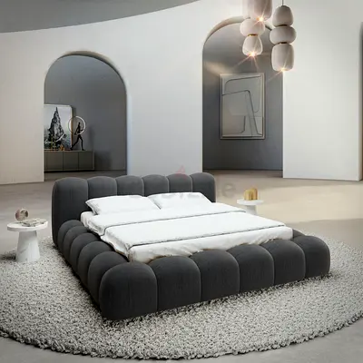 Modern Low-Profile Upholstered King Bed with Curved Panel Design
