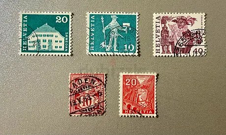 5 VINTAGE POSTAGE STAMPS OF SWITZERLAND