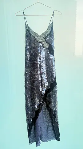 ZARA Night sky blue color sequin slip dress with lace trim, size S or M