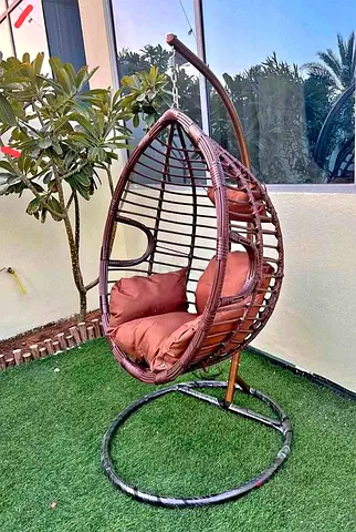 Outdoor Hanging Egg Chair with Stand - Rattan Style, Brown