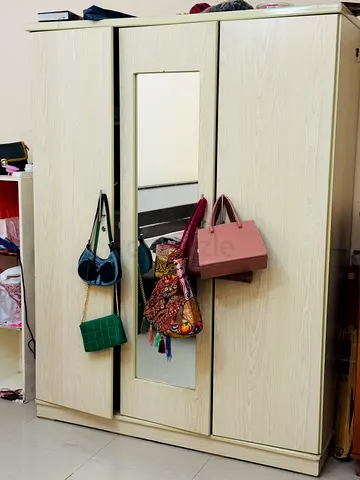 Light Wood 3-Door Wardrobe with Center Mirror - Good Condition