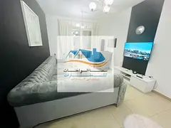 Sharjah, Al Khan, Rose Tower, one-bedroom apartment with living room, two bathrooms, and kitchen. Fu