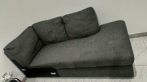 Grey fabric chaise lounge sofa - right-facing, good condition