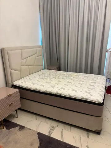 Queen Bed Frame with Mattress - Light Beige Upholstery