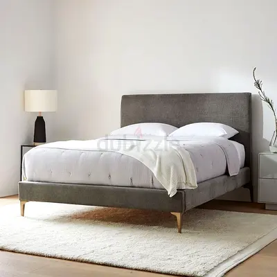 Grey Fabric Queen Bed with Headboard and Brass Legs