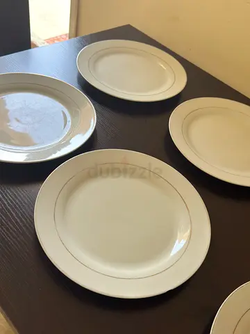 Set of 6 White Dinner Plates with Silver Rim - Good Condition