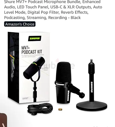Shure MV7+ Podcast Microphone Bundle, Enhanced Audio, LED Touch Panel, USB-C  XLR Outputs, Auto Lev