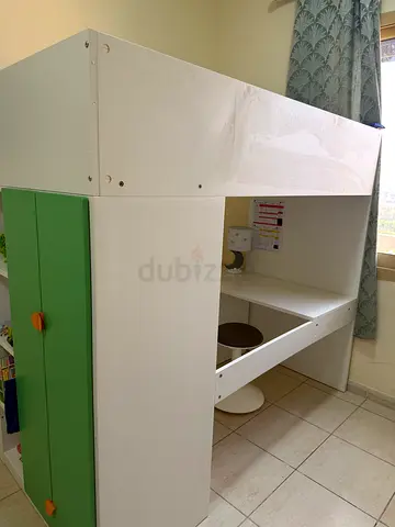 White and Green Childrens Loft Bed with Storage Cupboard