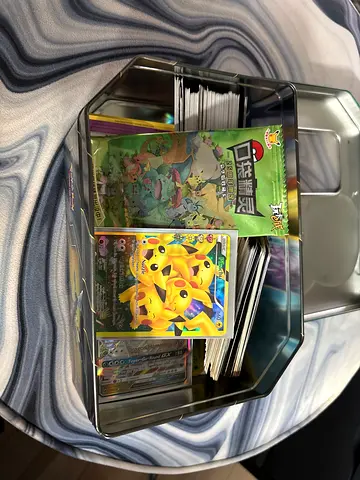 Large Collection of Pokémon Trading Cards with Rare Holos (Approx. 300+) - Tin Included
