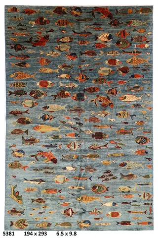 2*3mAfghan Handmade Blue Fish Pattern Wool Rug - 194 x 293 cm