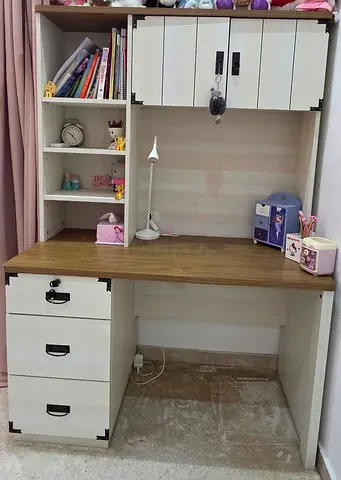 Wooden Study Desk with Overhead Cabinets and Shelves - White  Oak Finish