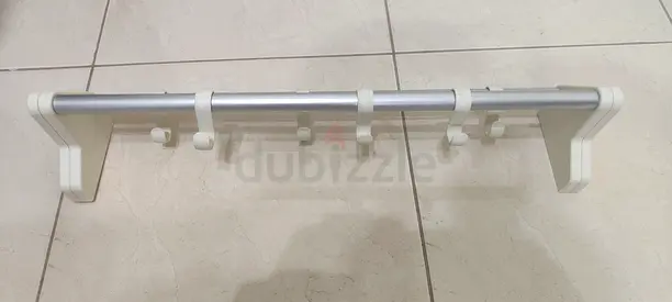 Wall-mounted coat rack with 6 hooks - white/silver, good condition