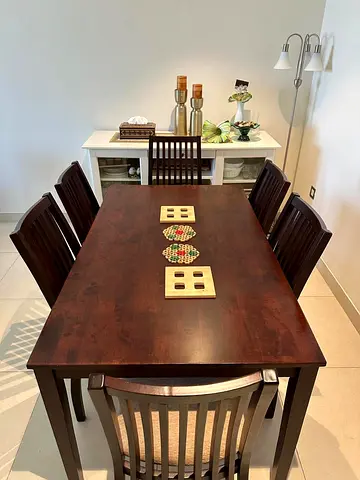 Solid Wood 6-Seater Dining Table with Chairs - Dark Finish