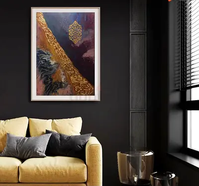 Framed Abstract Islamic-Inspired Wall Art with Gold Leaf Accent