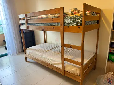 Solid Pine Bunk Bed with Two Mattresses — Good Condition