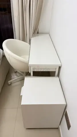 Desk Compact white study desk with swivel chair and side cabinet. Selling all 3