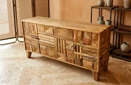 Solid mango Wood Carved Console Sideboard - Rustic 3-Drawer Cabinet