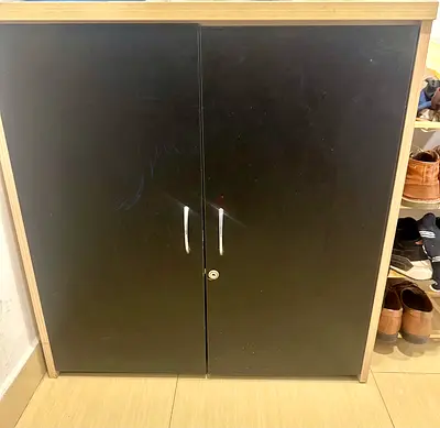 Wooden Two-Door Storage Cabinet with Lock - Black Front, Oak Frame