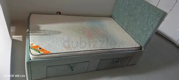 Double Bed with Headboard and Under-bed Drawers — Light Green Upholstery