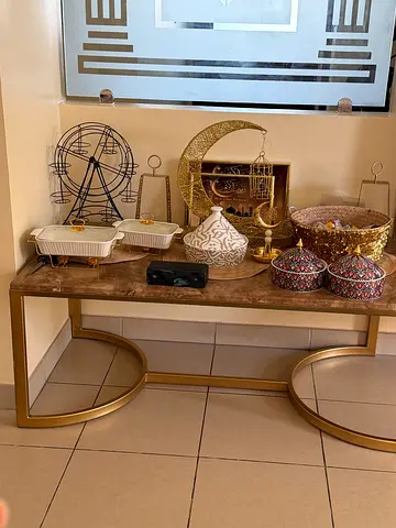 Wood Top Console Table with Decorative Serving Set - Good Condition