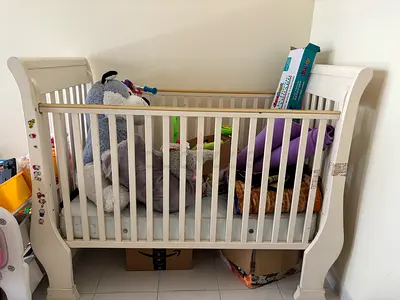 White Wooden Baby Crib - Classic Sleigh Design, Used
