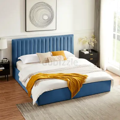Blue Upholstered King Bed with Padded Headboard