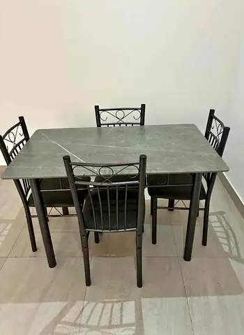 4-Seater Dining Table with Marble-Effect Top and Metal Chairs