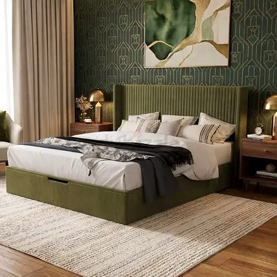 Olive green fluted headboard king storage bed