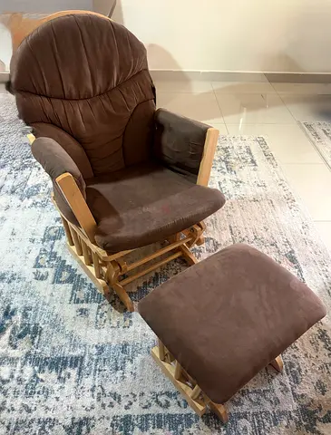 Wooden Glider Recliner Chair with Ottoman — Brown Cushions