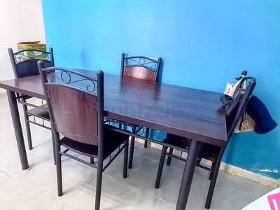 Wooden Top Dining Table with 5 Metal Frame Chairs - Good Condition