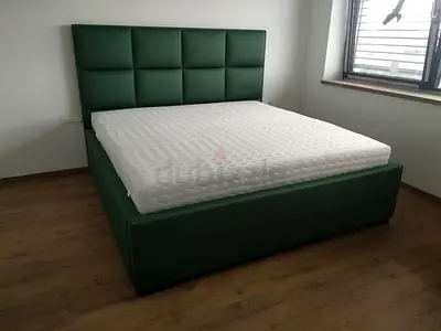 Green Upholstered Double Bed with Headboard and Mattress