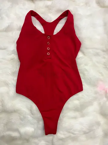 ORIGINAL BOMBSHELL Red Ribbed Button-Front Sleeveless Bodysuit -